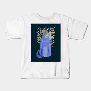 Cat and foliage - pastel autumn with dark background Kids T-Shirt